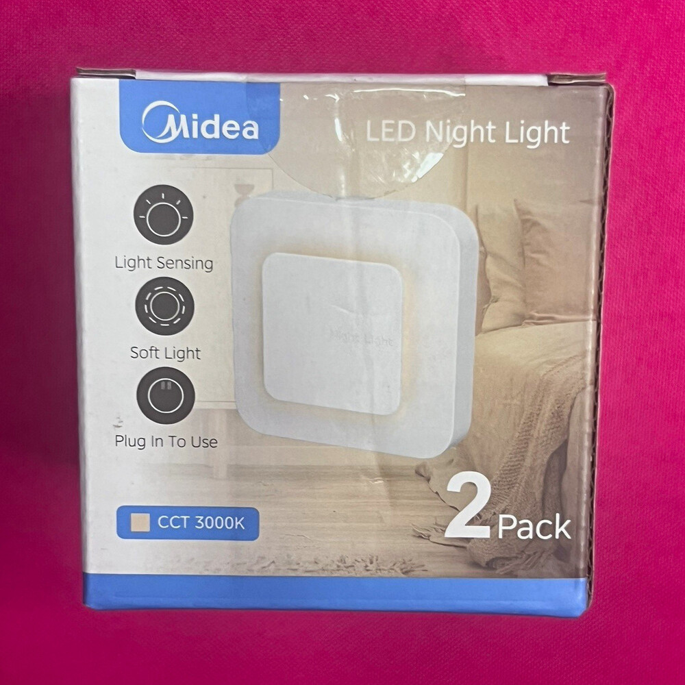 Midea LED Plug-In Night Light Dusk-to-Dawn Light Sensor Soft White 3000K 2Pk